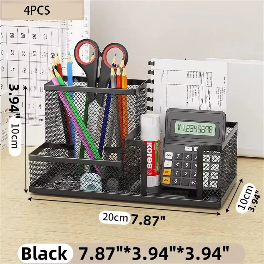 Mesh Desk Organizer with Pencil Holder and Storage Baskets, 3-Compartment Caddy for Office Supplies, Black