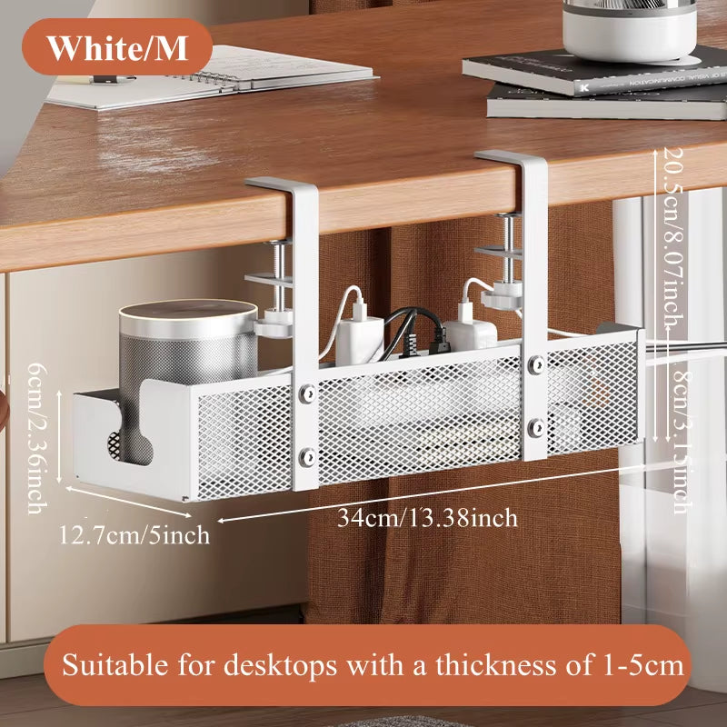 Extendable Under-Desk Cable Management Tray with Clamp and Retractable Power Strip Holder