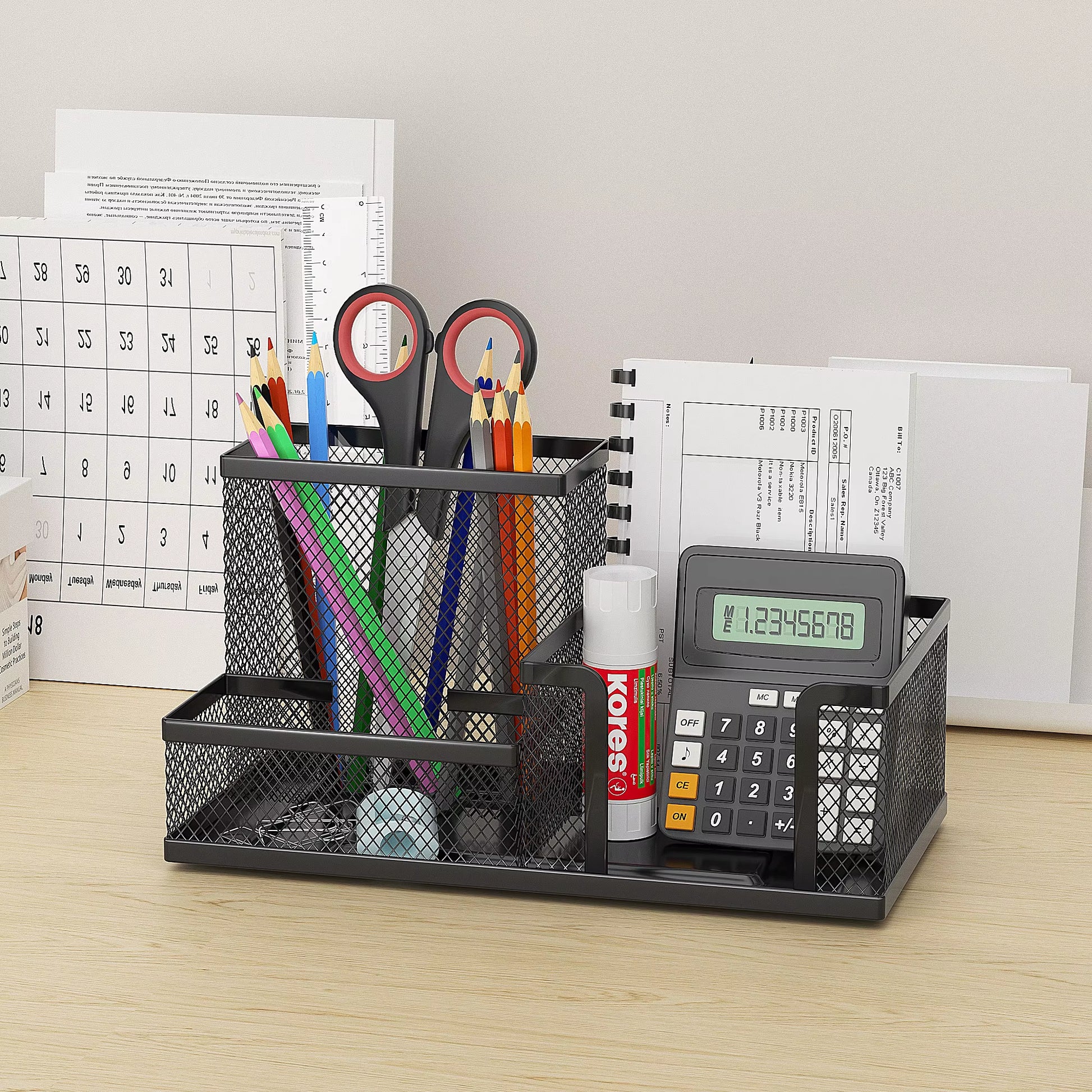Mesh Desk Organizer with Pencil Holder and Storage Baskets, 3-Compartment Caddy for Office Supplies, Black
