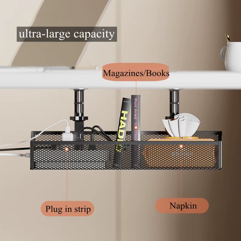 Extendable Under-Desk Cable Management Tray with Clamp and Retractable Power Strip Holder