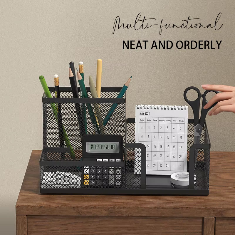 Mesh Desk Organizer with Pencil Holder and Storage Baskets, 3-Compartment Caddy for Office Supplies, Black