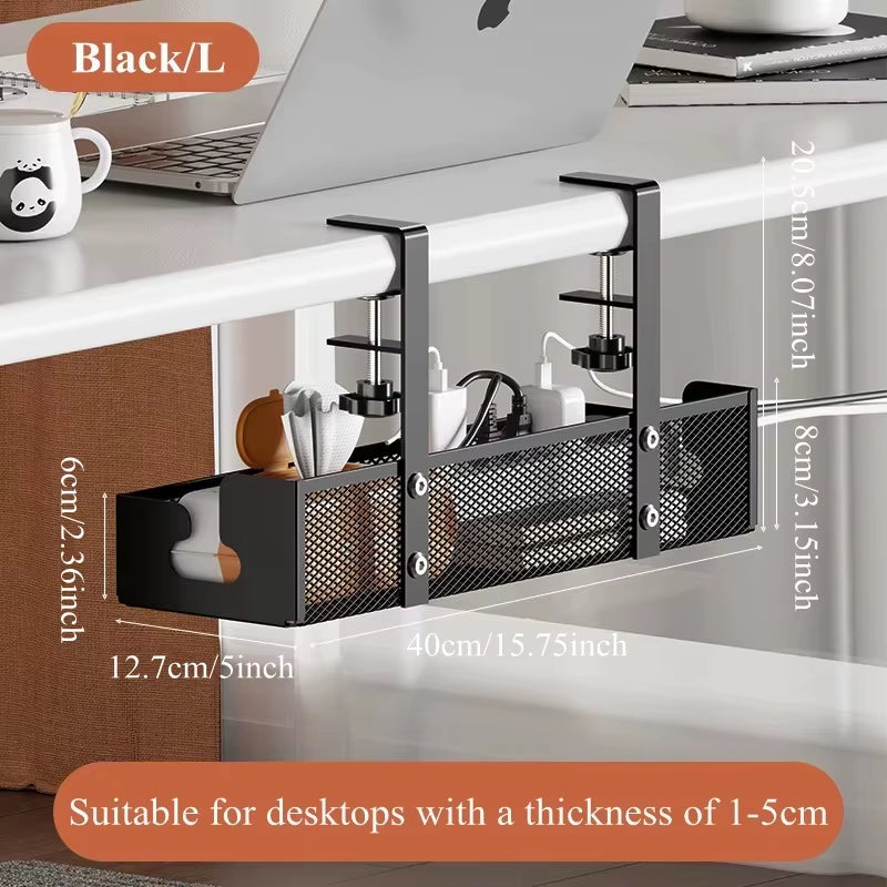 Extendable Under-Desk Cable Management Tray with Clamp and Retractable Power Strip Holder