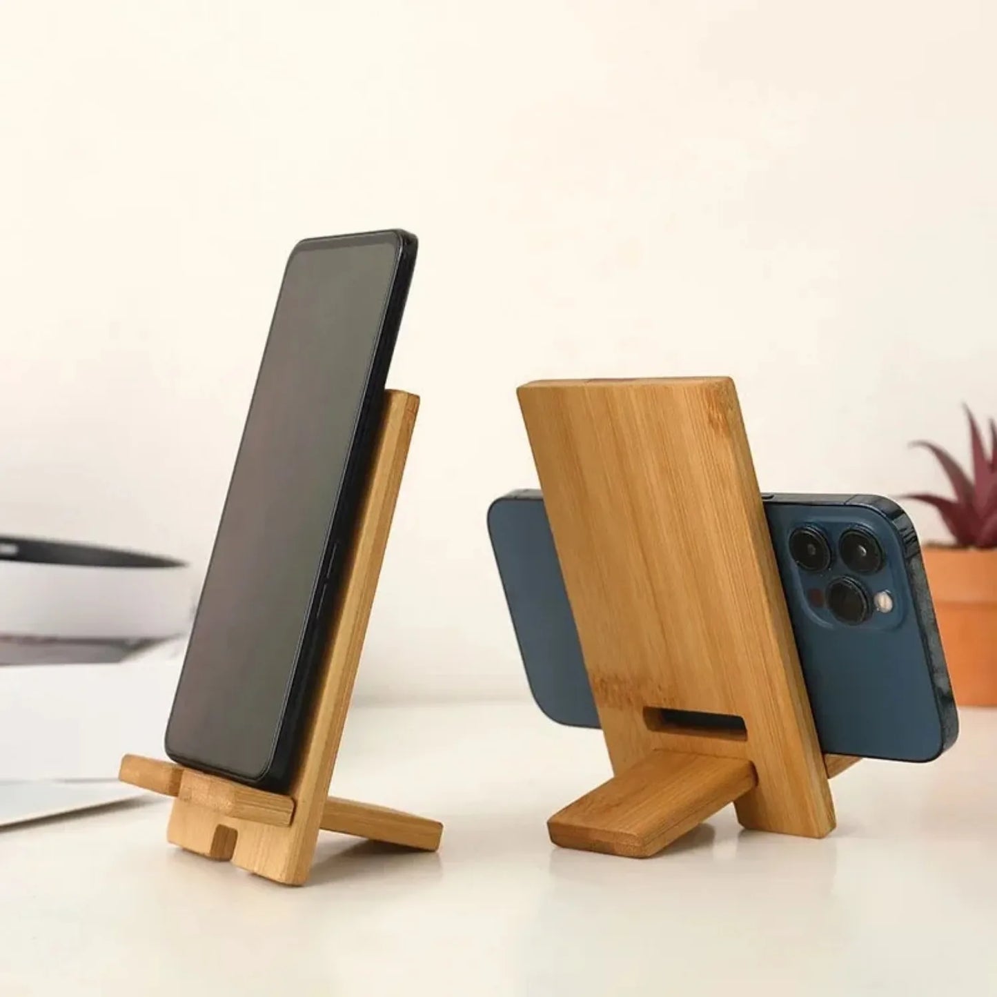 Bamboo Desktop Phone Holder - Versatile Wooden Smartphone Charging Stand