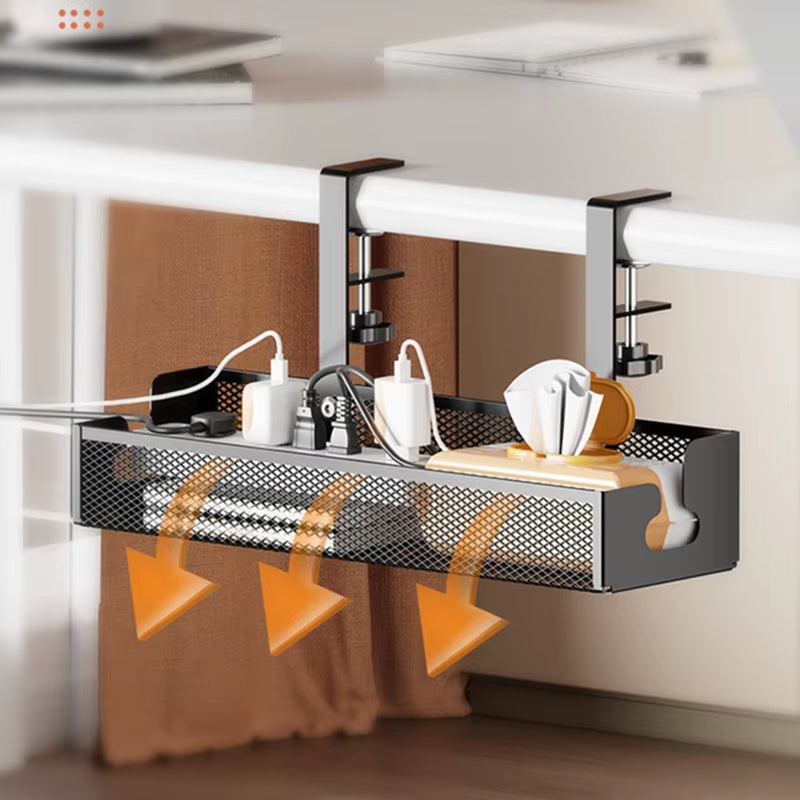 Extendable Under-Desk Cable Management Tray with Clamp and Retractable Power Strip Holder