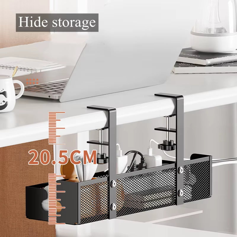 Extendable Under-Desk Cable Management Tray with Clamp and Retractable Power Strip Holder