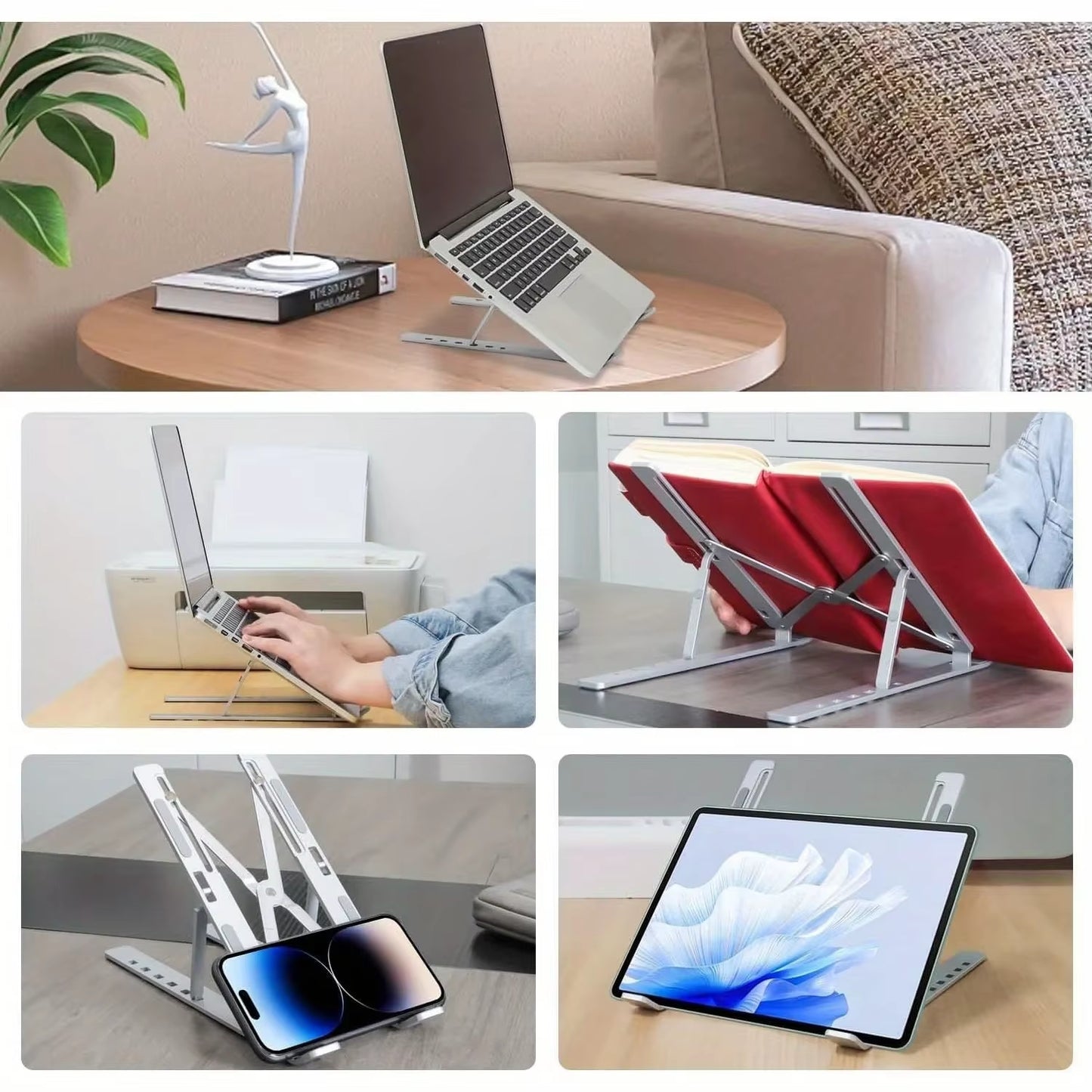 Adjustable Aluminum Laptop Stand with 6 Height Levels, Foldable and Portable Design for 8-16” Laptops, Improved Ventilation and Heat Dissipation
