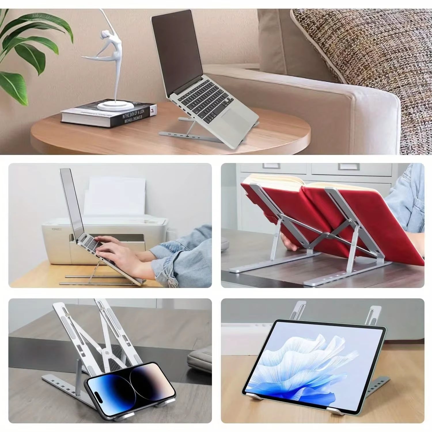 Adjustable Aluminum Laptop Stand with 6 Height Levels, Foldable and Portable Design for 8-16” Laptops, Improved Ventilation and Heat Dissipation