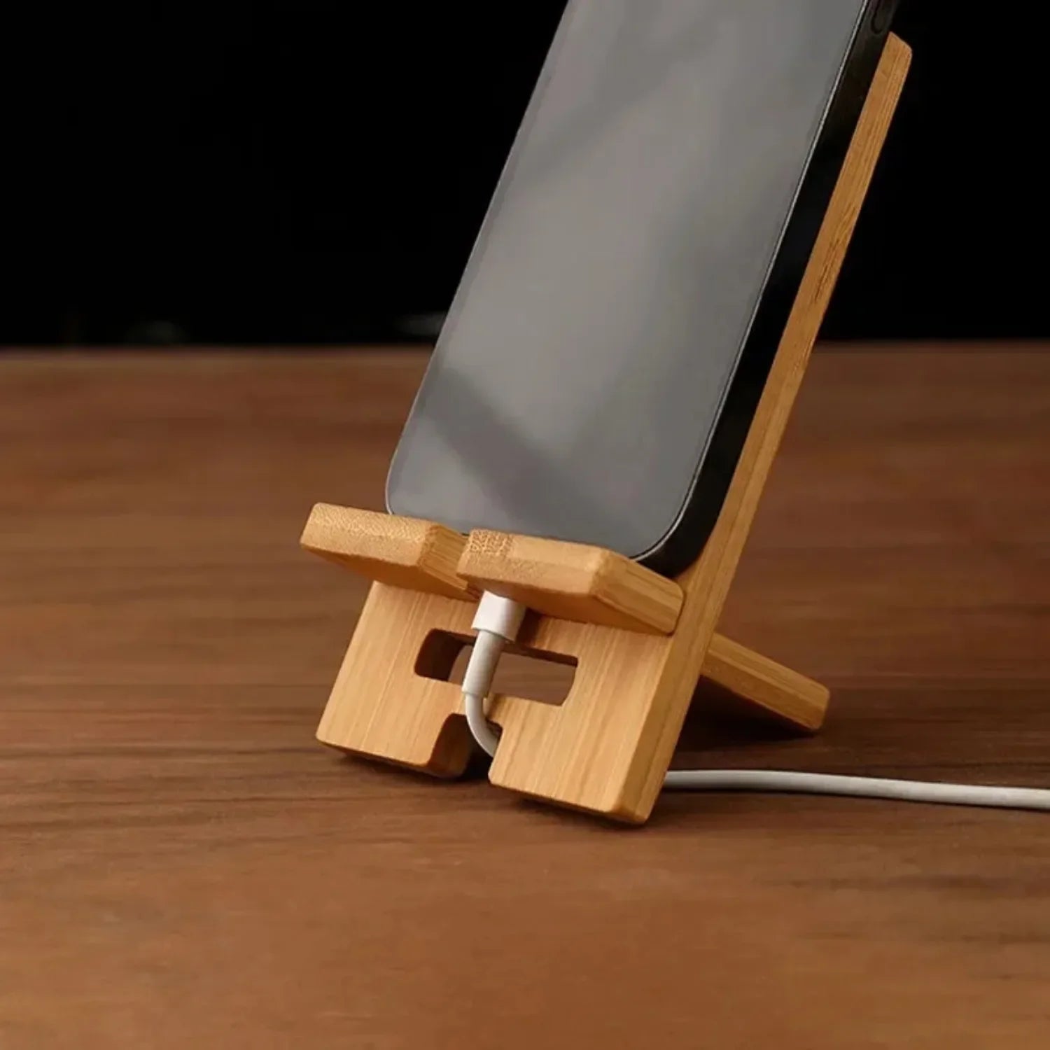 Bamboo Desktop Phone Holder - Versatile Wooden Smartphone Charging Stand
