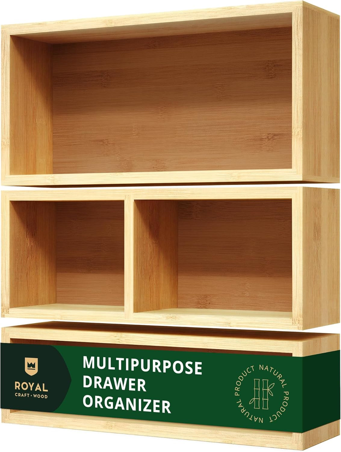 Luxury Bamboo Drawer Organizer Set - Versatile Storage Solution for Kitchen, Bathroom, Office, Makeup, and Jewelry (3 Boxes)