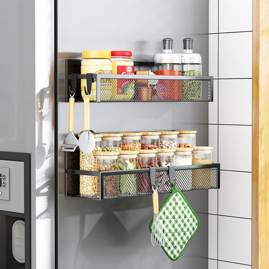 Magnetic Spice Rack Set for Refrigerator - 2-Pack Fridge Organizer with Adjustable Hooks for Kitchen Storage and Organization