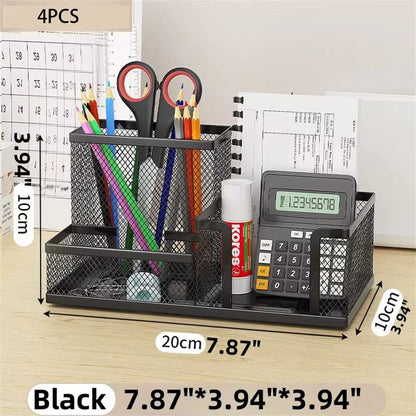 Mesh Desk Organizer with Pencil Holder and Storage Baskets, 3-Compartment Caddy for Office Supplies, Black