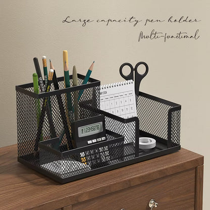 Mesh Desk Organizer with Pencil Holder and Storage Baskets, 3-Compartment Caddy for Office Supplies, Black