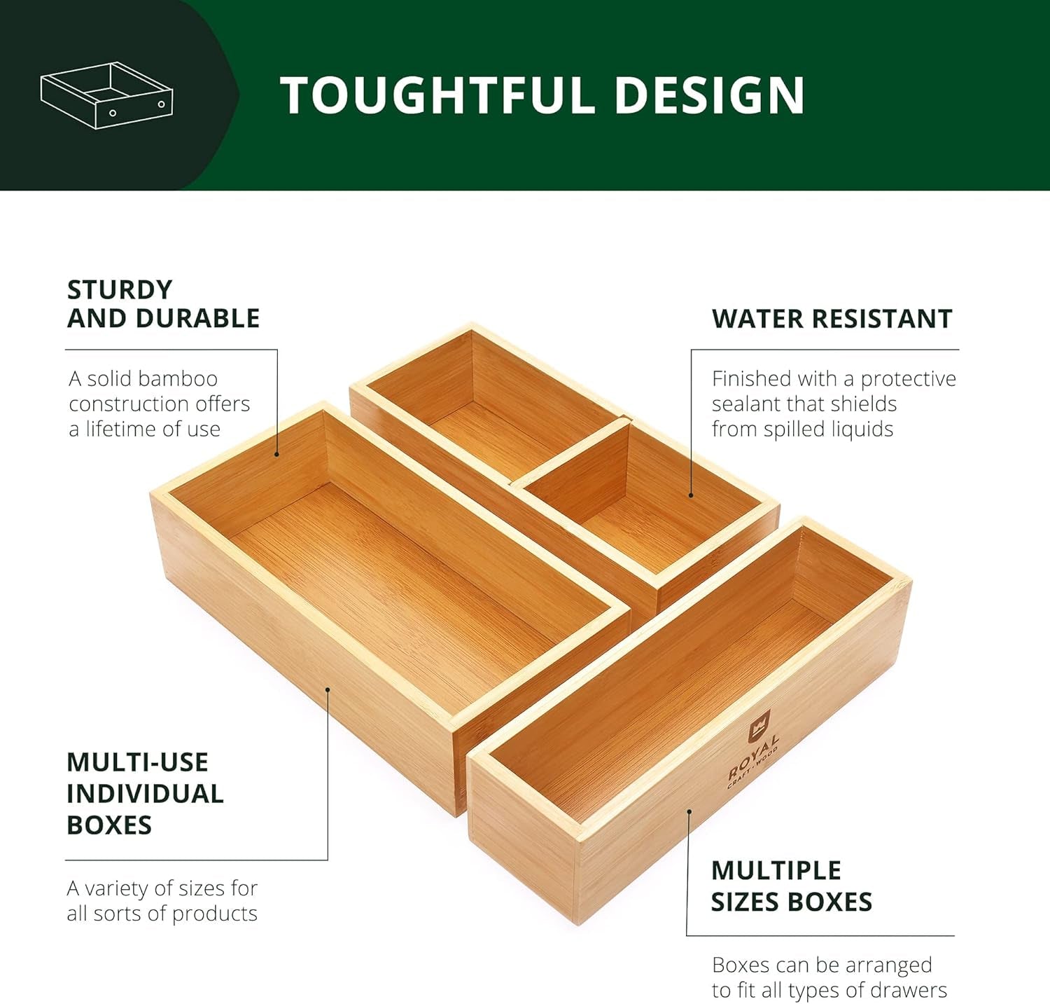 Luxury Bamboo Drawer Organizer Set - Versatile Storage Solution for Kitchen, Bathroom, Office, Makeup, and Jewelry (3 Boxes)