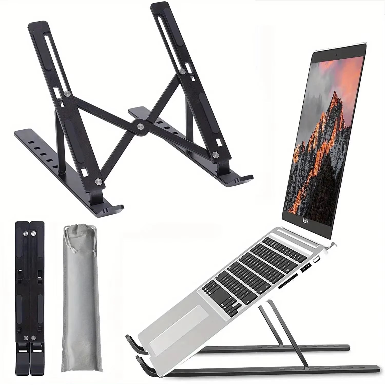 Adjustable Aluminum Laptop Stand with 6 Height Levels, Foldable and Portable Design for 8-16” Laptops, Improved Ventilation and Heat Dissipation