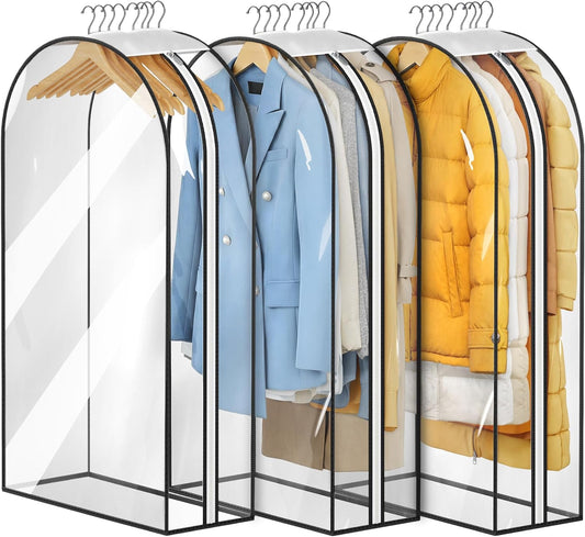 Gusseted Clear Suit Covers Garment Bags for Clothes 100Cm Waterproof Cothes Covers Protector Bags with Side Zip for Coats, Shirts, Dresses, 3 Packs