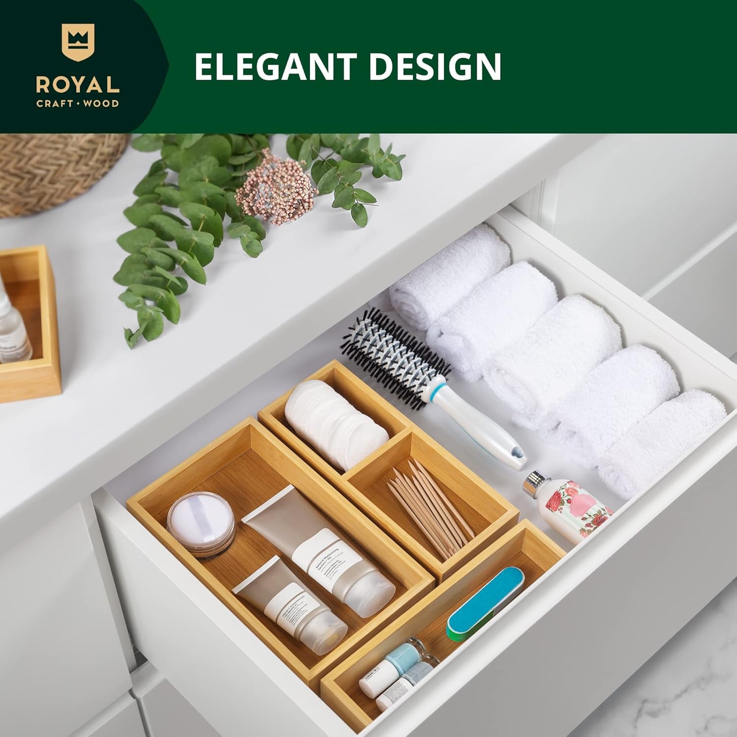 Luxury Bamboo Drawer Organizer Set - Versatile Storage Solution for Kitchen, Bathroom, Office, Makeup, and Jewelry (3 Boxes)