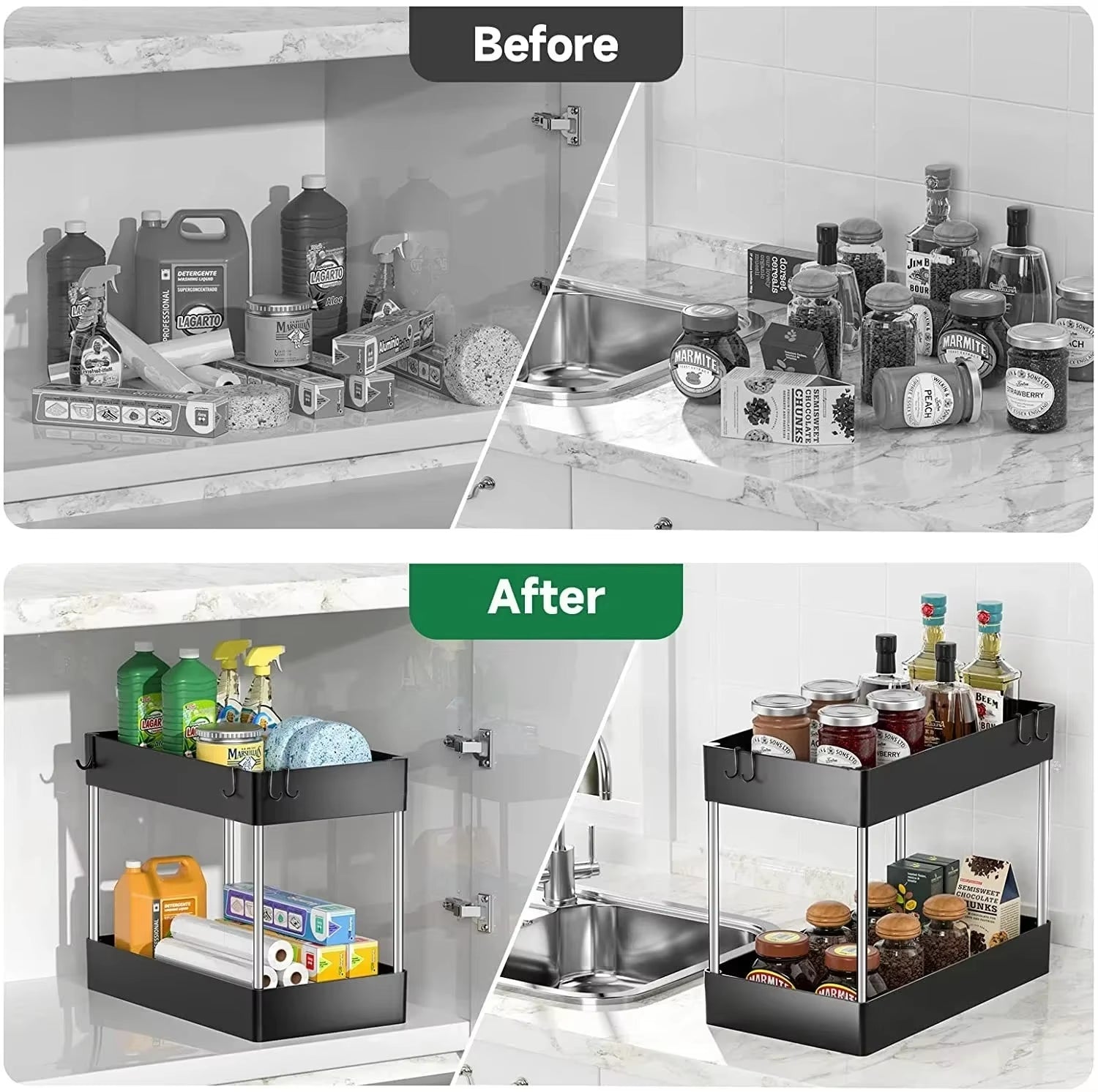Under Sink Storage Organizer - 2-Tier Drawer Multipurpose Rack for Bathroom and Kitchen