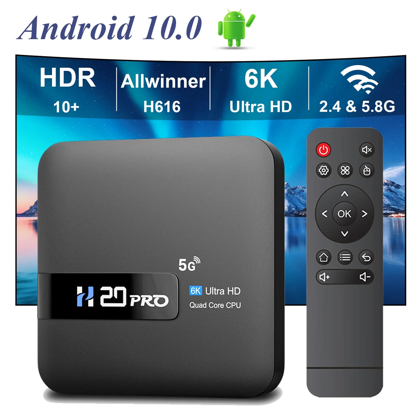 H20PRO Android 10 TV Box - 16GB, Dual Band WiFi, 4K HD Video Media Player, 1080P Set Top Box