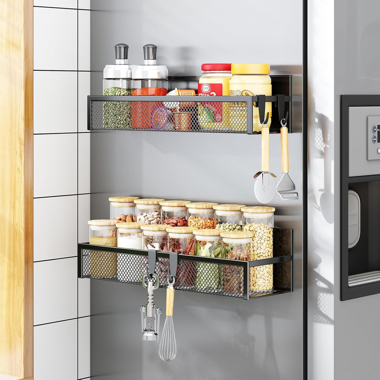 Magnetic Spice Rack Set for Refrigerator - 2-Pack Fridge Organizer with Adjustable Hooks for Kitchen Storage and Organization