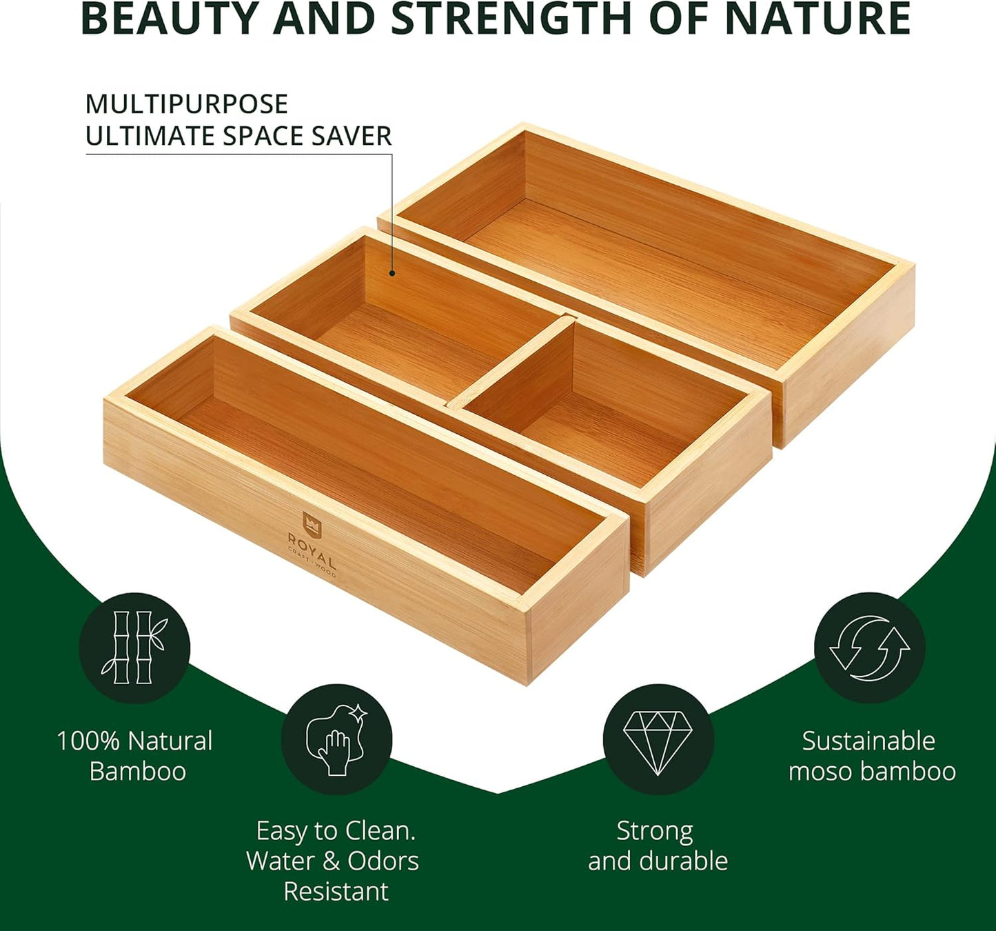 Luxury Bamboo Drawer Organizer Set - Versatile Storage Solution for Kitchen, Bathroom, Office, Makeup, and Jewelry (3 Boxes)