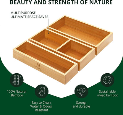 Luxury Bamboo Drawer Organizer Set - Versatile Storage Solution for Kitchen, Bathroom, Office, Makeup, and Jewelry (3 Boxes)