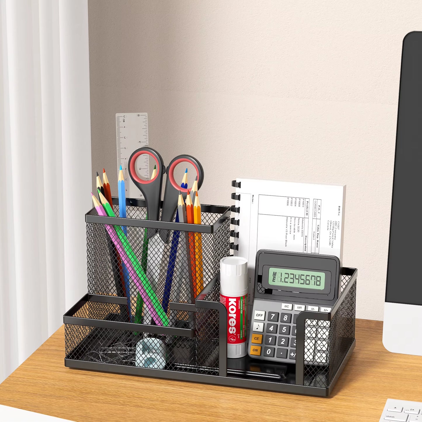 Mesh Desk Organizer with Pencil Holder and Storage Baskets, 3-Compartment Caddy for Office Supplies, Black