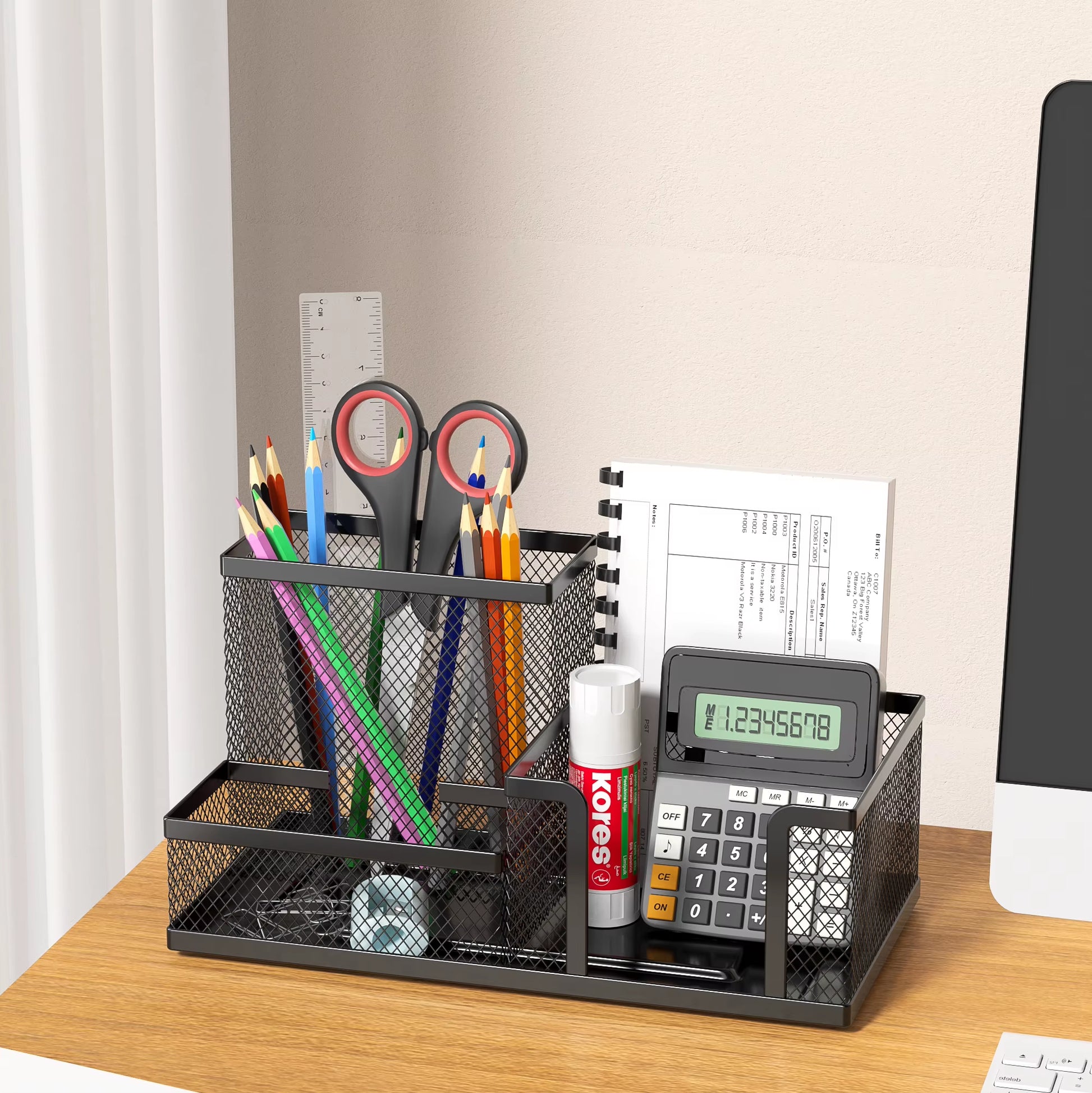 Mesh Desk Organizer with Pencil Holder and Storage Baskets, 3-Compartment Caddy for Office Supplies, Black
