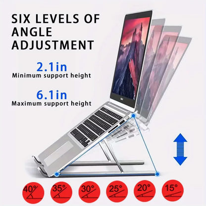 Adjustable Aluminum Laptop Stand with 6 Height Levels, Foldable and Portable Design for 8-16” Laptops, Improved Ventilation and Heat Dissipation