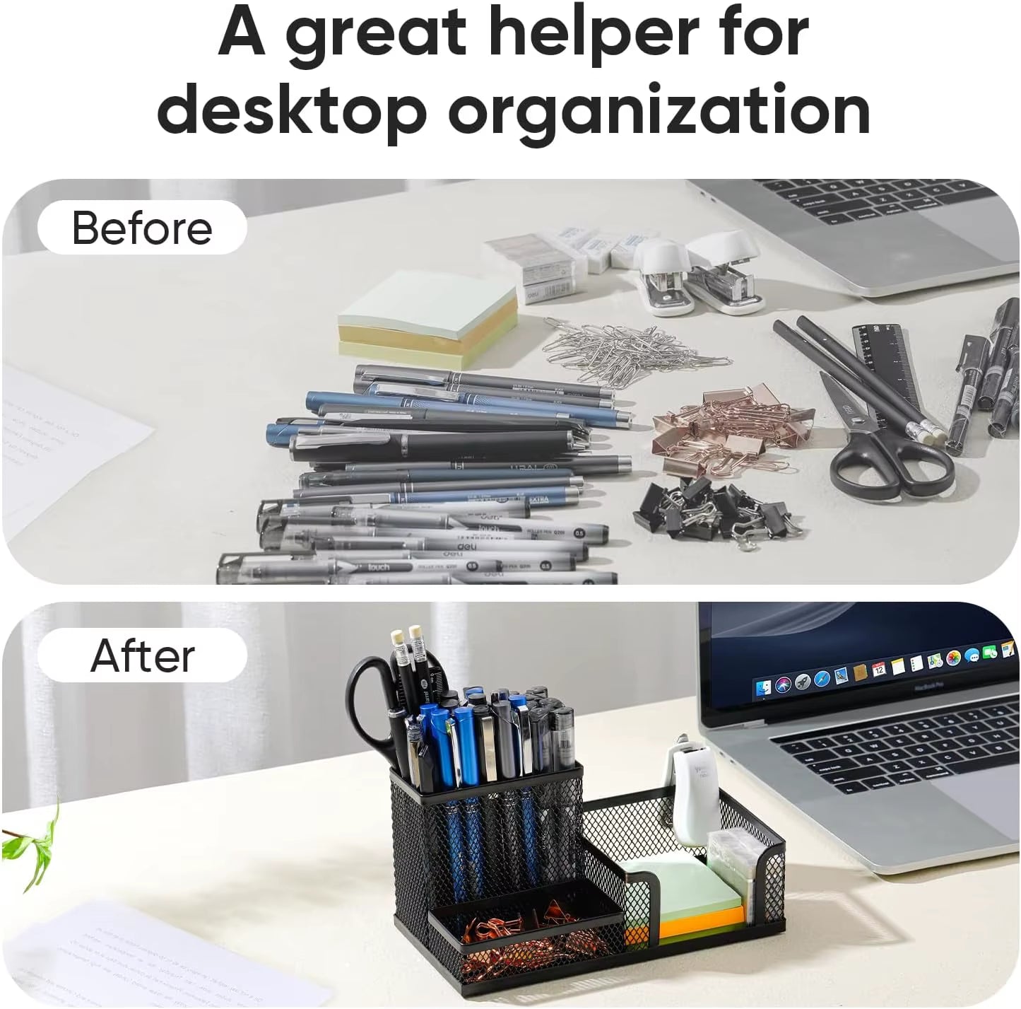 Mesh Desk Organizer with Pencil Holder and Storage Baskets, 3-Compartment Caddy for Office Supplies, Black