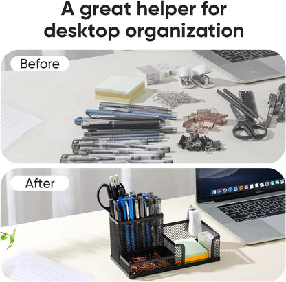 Mesh Desk Organizer with Pencil Holder and Storage Baskets, 3-Compartment Caddy for Office Supplies, Black
