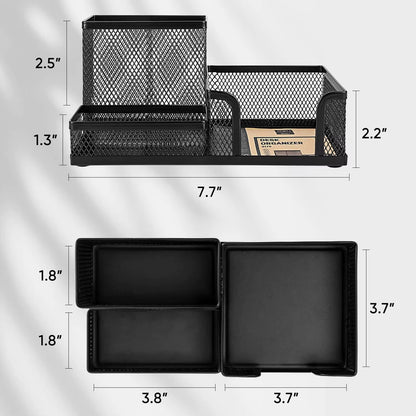 Mesh Desk Organizer with Pencil Holder and Storage Baskets, 3-Compartment Caddy for Office Supplies, Black