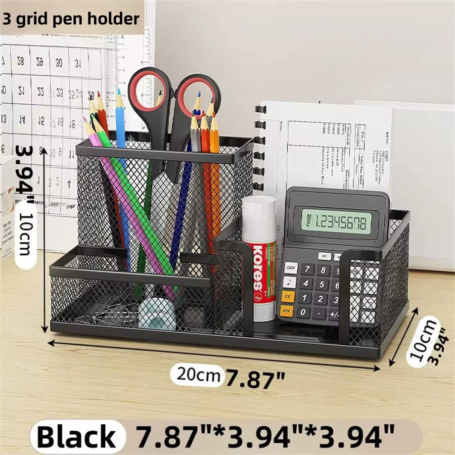 Mesh Desk Organizer with Pencil Holder and Storage Baskets, 3-Compartment Caddy for Office Supplies, Black