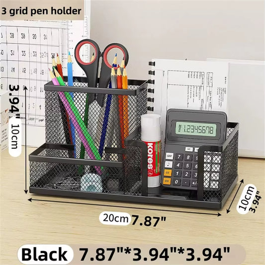 Mesh Desk Organizer with Pencil Holder and Storage Baskets, 3-Compartment Caddy for Office Supplies, Black