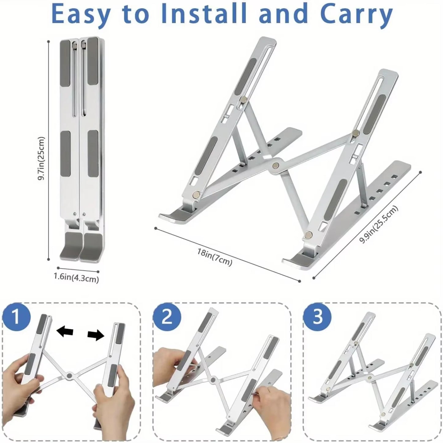 Adjustable Aluminum Laptop Stand with 6 Height Levels, Foldable and Portable Design for 8-16” Laptops, Improved Ventilation and Heat Dissipation
